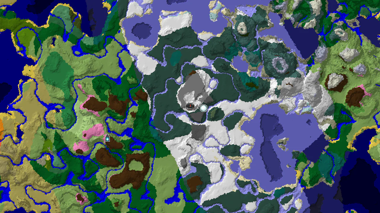 A 2D biome map centered on spawn, showing a large snowy area to the north and east, with a distinct snowy taiga to the west and south, and markers for an Igloo and a distant Ancient City.