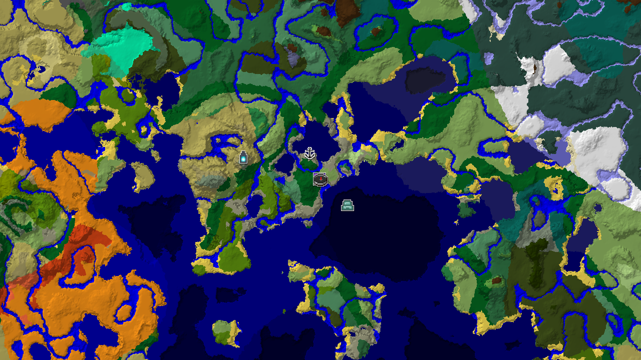 A 2D biome map centered on spawn, showing a Ruined Portal at spawn, a Shipwreck to the southwest, and an Ocean Monument to the southeast.