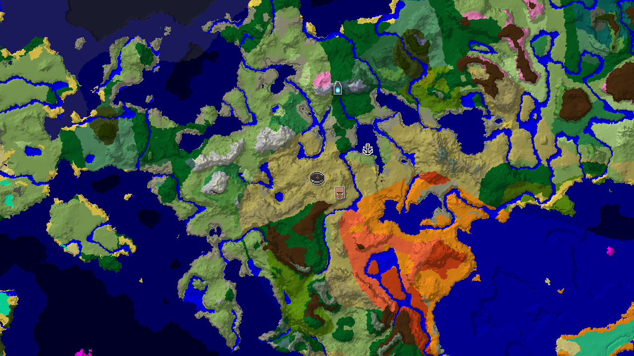 A 2D biome map centered on spawn, showing savanna, plains, forest, and various other biomes, with markers for a village, shipwreck, and ancient city.