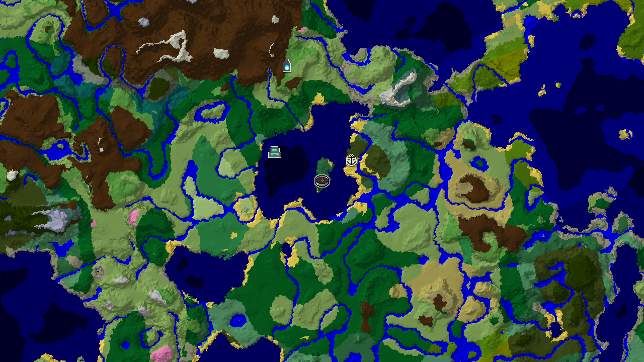 A 2D biome map centered on the spawn point, marked in a forest, showing nearby structures including a shipwreck and an ocean monument.