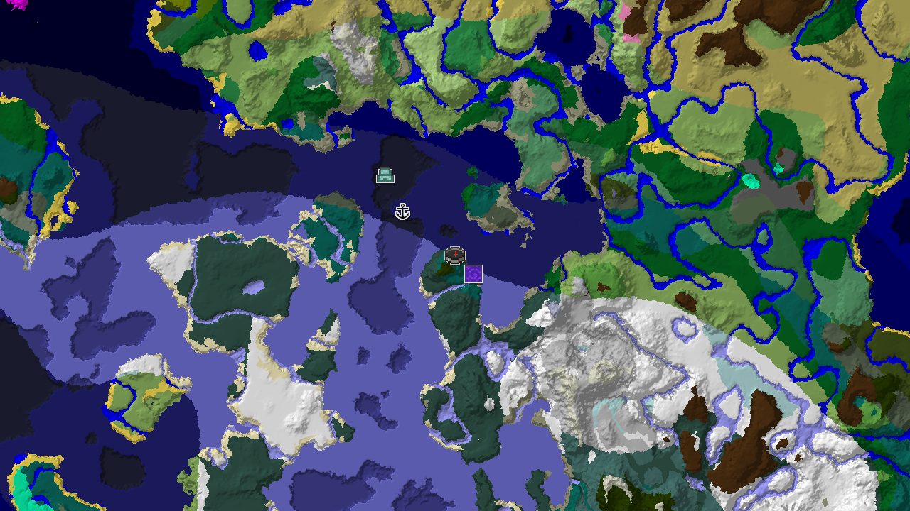 A 2D biome map centered on spawn, showing a large area of cold and frozen ocean, taiga, and snowy biomes, with markers for a ruined portal, shipwreck, and ocean monument.