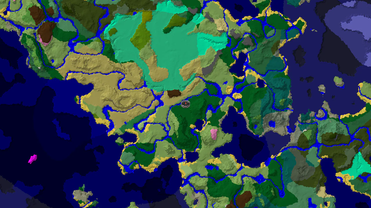 A 2D biome map centered on spawn, showing a large Forest biome, with nearby Plains, Savanna, and a distinct Mangrove Swamp to the east.