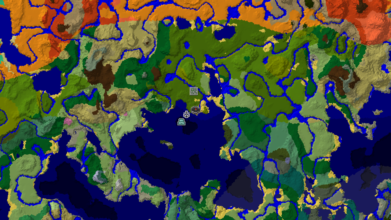 A 2D biome map centered on spawn, showing a large jungle, a nearby bamboo jungle, and markers for an ocean monument and shipwreck.