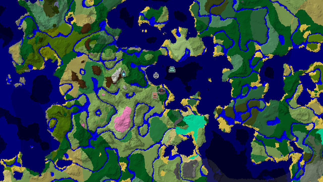 A 2D biome map centered on spawn, showing a forest start, a nearby village, and a distant ancient city icon.