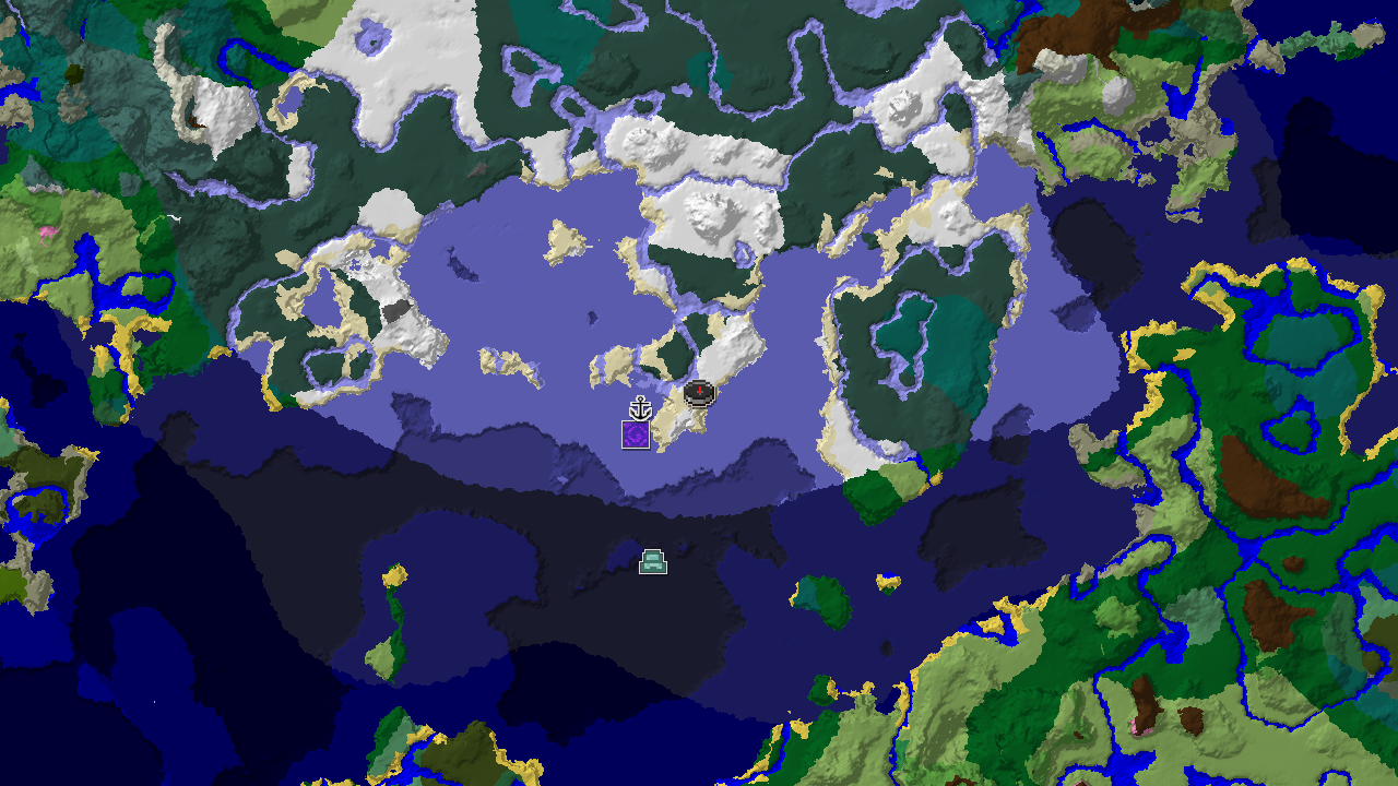 A 2D map centered on spawn shows a large snowy island surrounded by frozen ocean, with markers for a ruined portal and a shipwreck nearby.