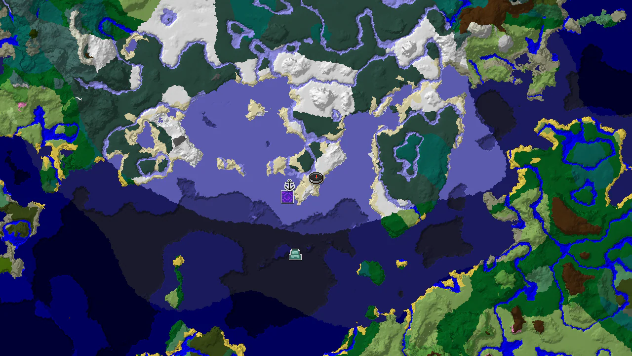 A 2D map centered on spawn shows a large snowy island surrounded by frozen ocean, with markers for a ruined portal and a shipwreck nearby.
