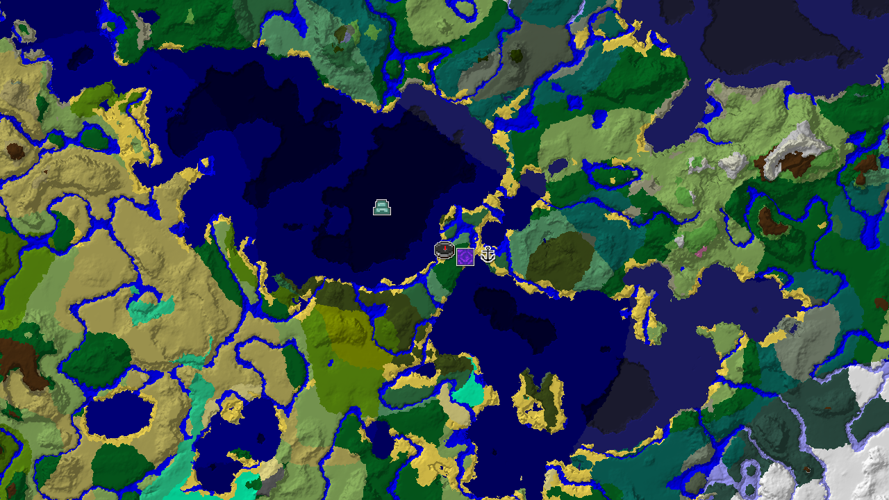 A 2D biome map centered on spawn, showing an ocean monument, ruined portal, and shipwreck near various ocean and forest biomes.