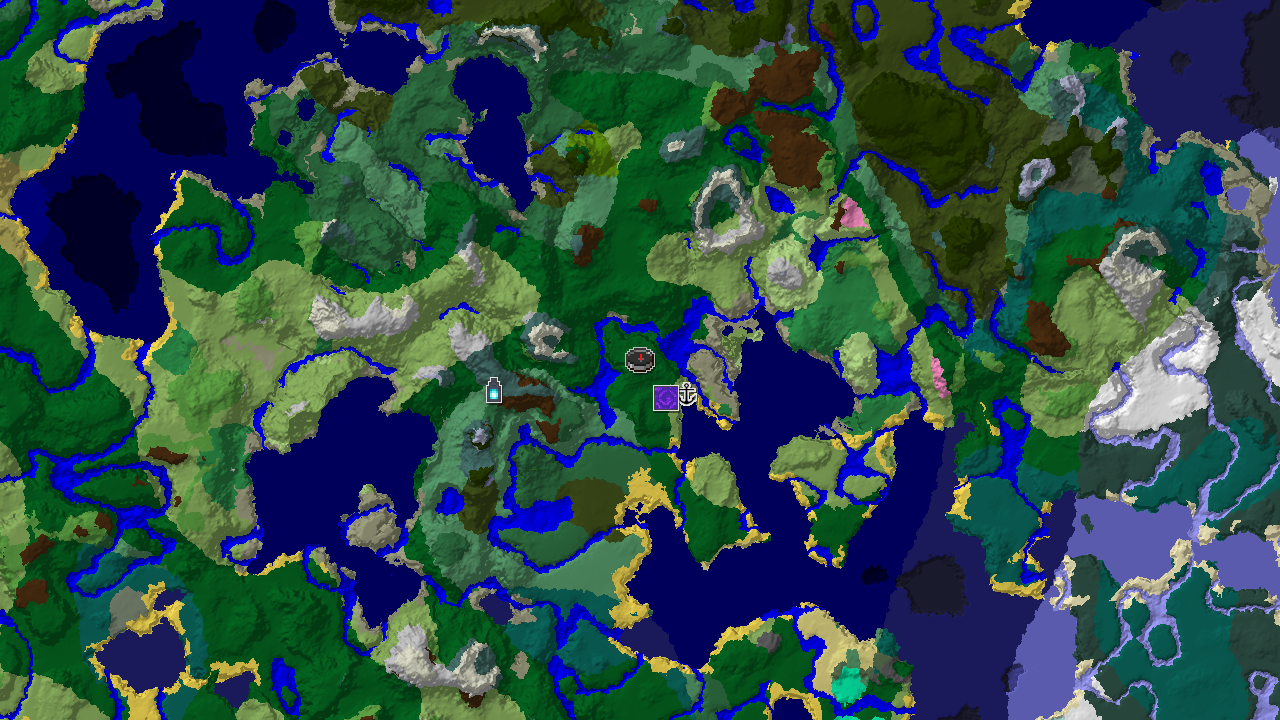 A 2D top-down biome map centered on spawn, showing a Forest spawn point with nearby markers for a Ruined Portal, Shipwreck, and an Ancient City.