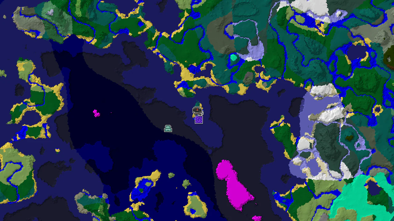 A 2D biome map centered on spawn, showing Taiga, Cold Ocean, and Deep Cold Ocean biomes, with markers for a shipwreck, ruined portal, and ocean monument.