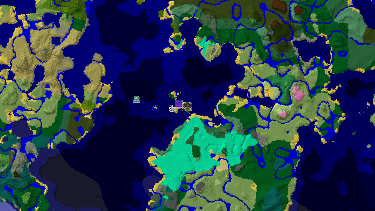 A top-down 2D biome map centered on the spawn point, marked within a swamp, with nearby markers for a ruined portal, shipwreck, and an ocean monument.