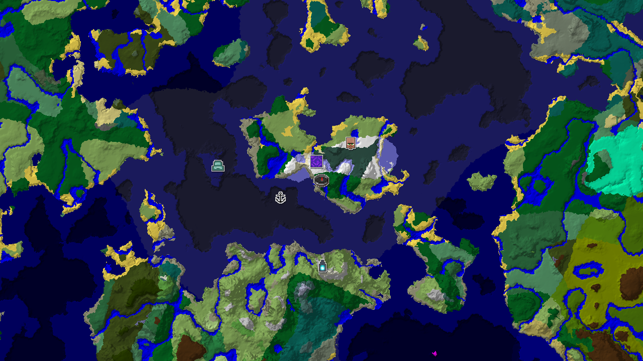 A 2D biome map centered on spawn, showing a large blue area of cold and frozen oceans, with markers for a village, ruined portal, shipwreck, and ancient city.
