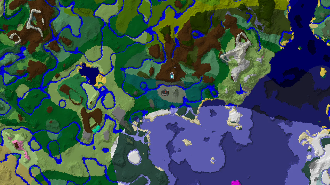 A 2D biome map centered on spawn, showing a diverse mix of taiga, forest, and ocean biomes with a marker for an Ancient City.