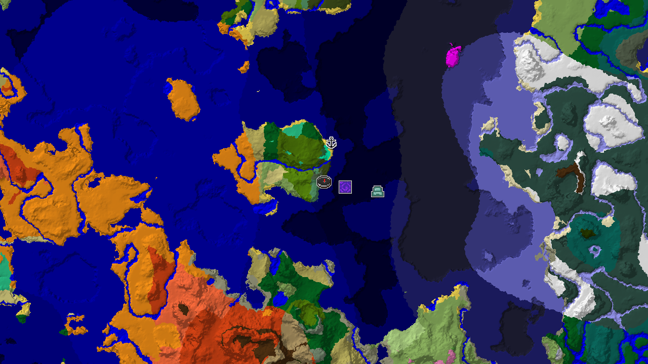 A 2D top-down biome map centered on the Dark Forest spawn, with markers for a Ruined Portal, Shipwreck, and Ocean Monument.