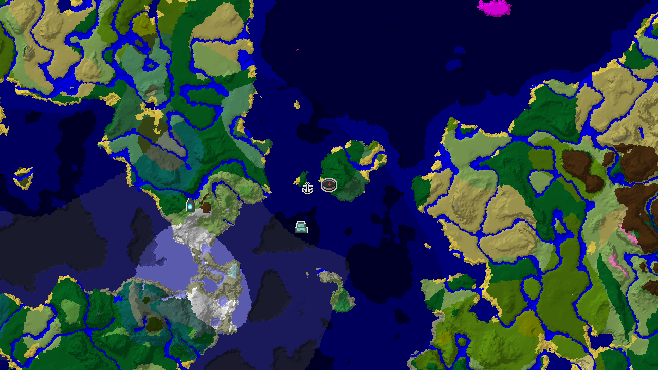A top-down 2D biome map centered on spawn, showing a large forest area surrounded by various ocean biomes, with markers for a shipwreck and an ocean monument.