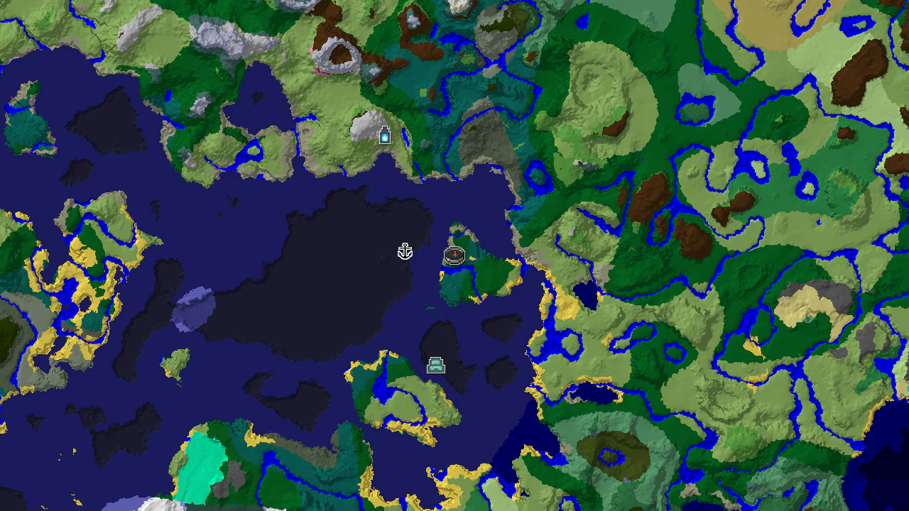 A 2D biome map centered on the spawn point, showing a variety of biomes including Forest, Taiga, and Cold Ocean, with markers for a shipwreck and ocean monument.
