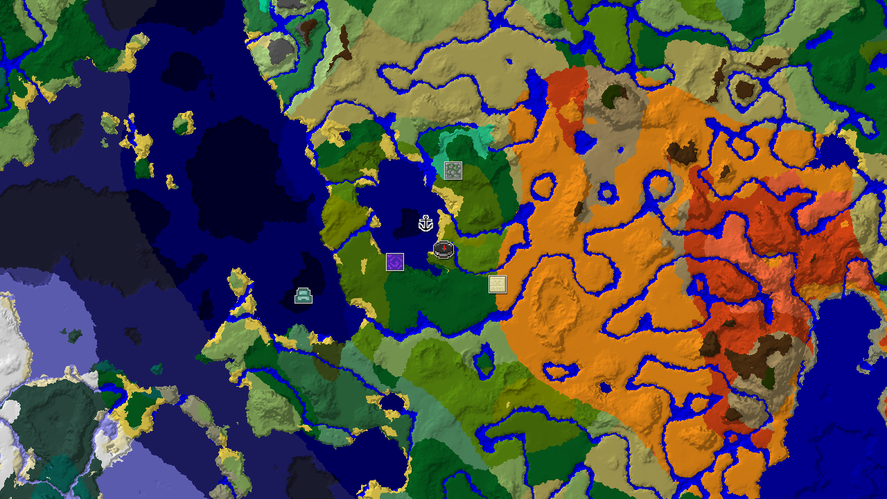 A 2D biome map centered on the spawn point, showing dense green jungle transitioning to lighter green sparse jungle, with blue oceans to the north and west, and a large orange desert to the east.