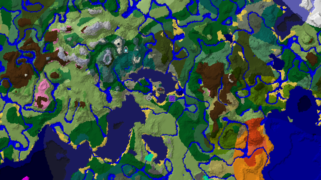 A 2D biome map centered on spawn, showing a Taiga start with nearby Cold Ocean, Forest, and Plains, and markers for an Ancient City, Ruined Portal, and Shipwreck.
