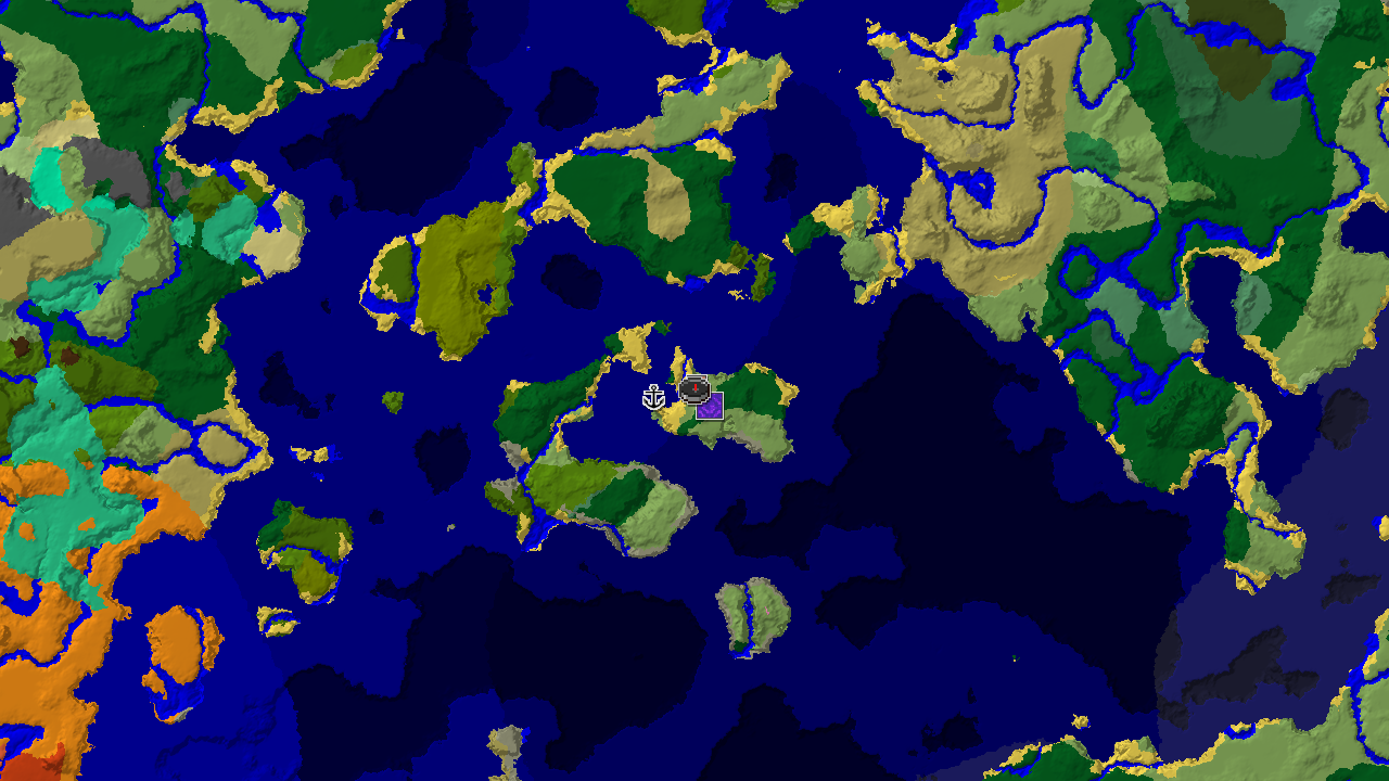 A top-down 2D biome map centered on the spawn point, with markers for a village, ruined portal, and shipwreck.