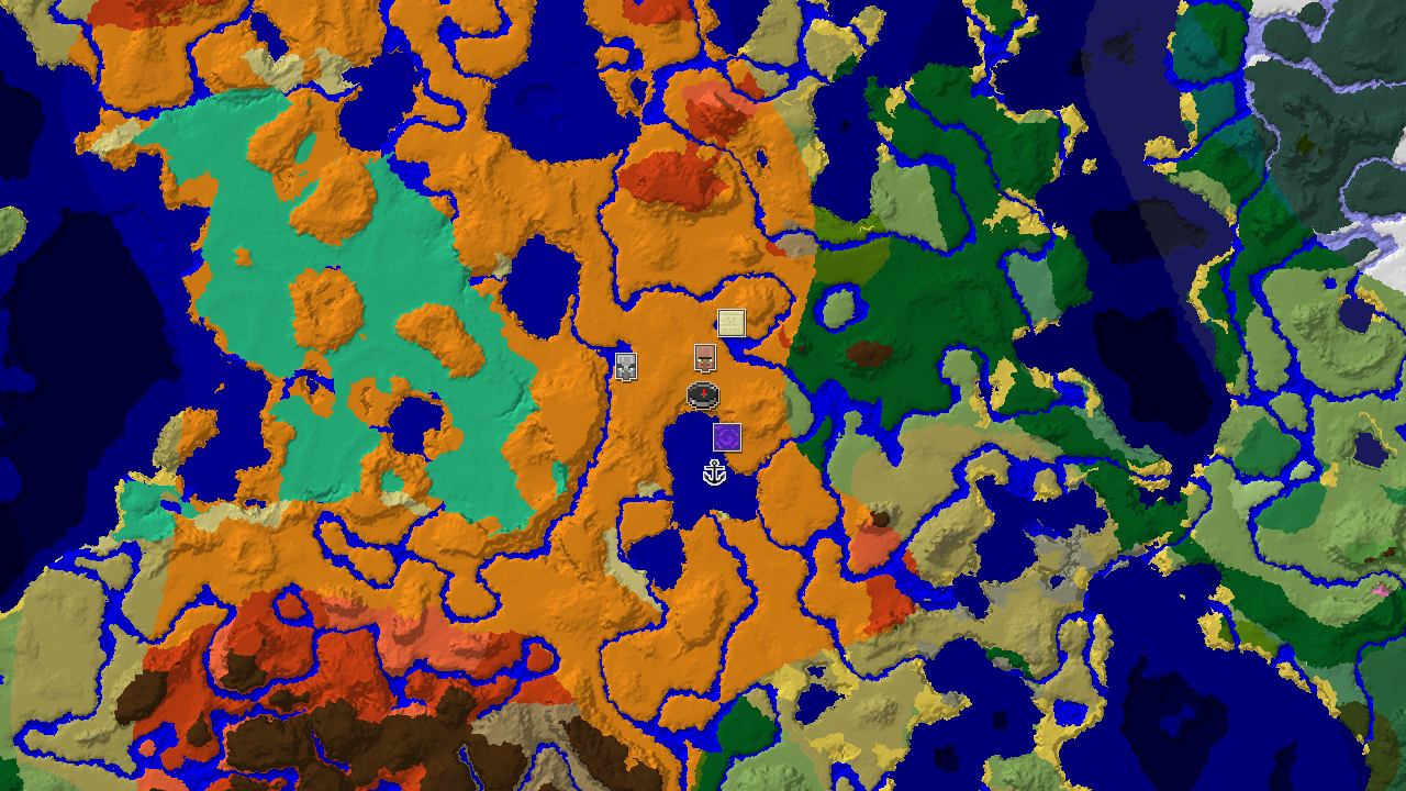 A 2D biome map centered on spawn, showing a large desert, a nearby village marker, and other structures like a ruined portal and shipwreck.