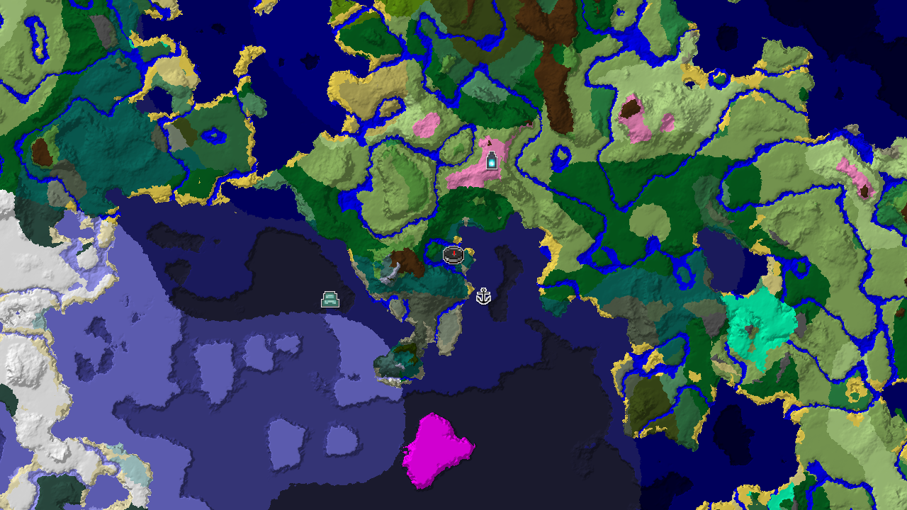 A 2D biome map centered on spawn, showing a Taiga island surrounded by oceans and featuring markers for an Ancient City, Shipwreck, and Ocean Monument.