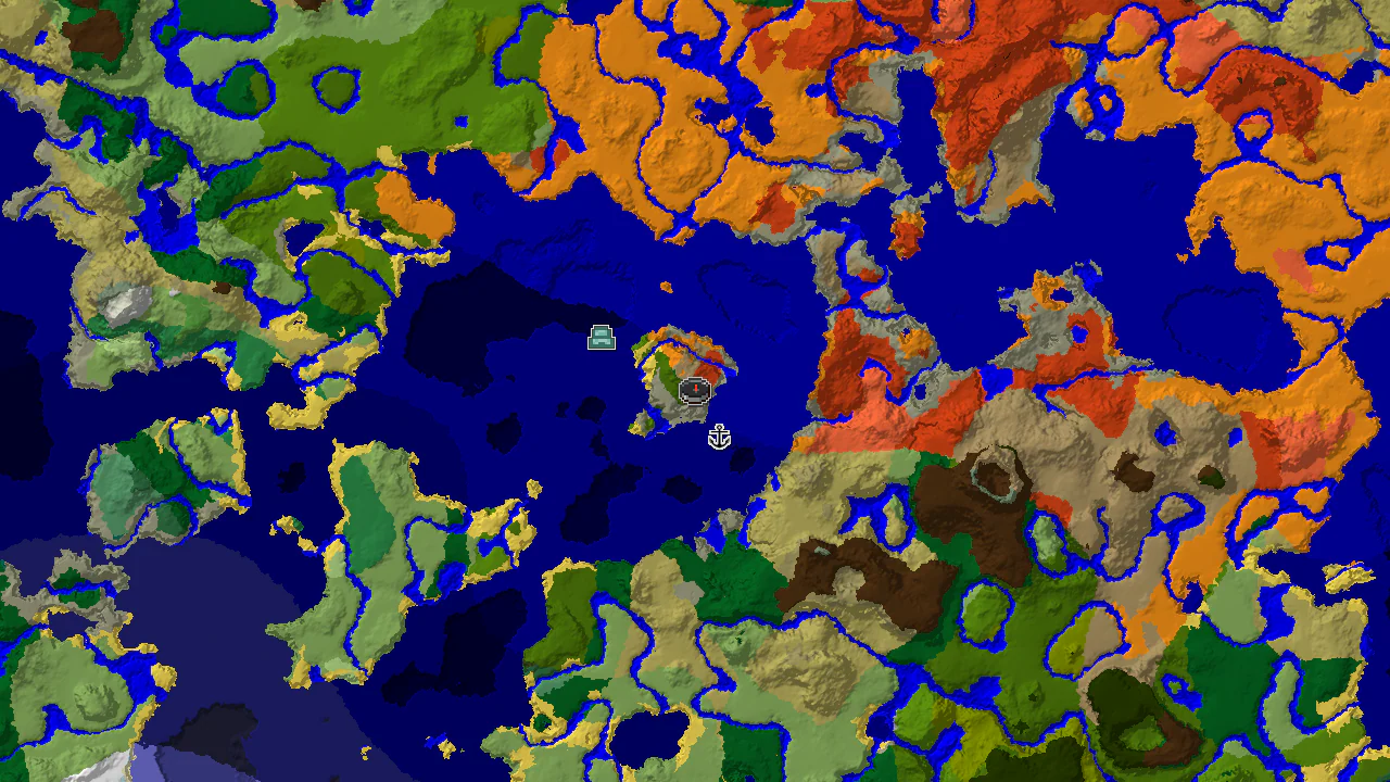 A 2D biome map centered on spawn, showing a large Badlands biome bordering a Warm Ocean to the east, with a Jungle biome to the west.
