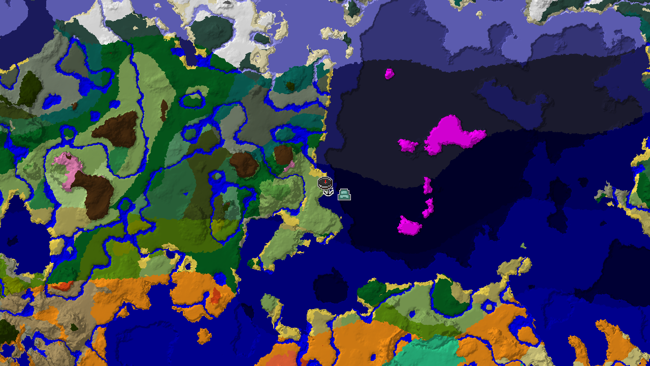 A top-down 2D biome map centered on spawn, showing an Ocean Monument and Shipwreck marker near a coastal spawn.