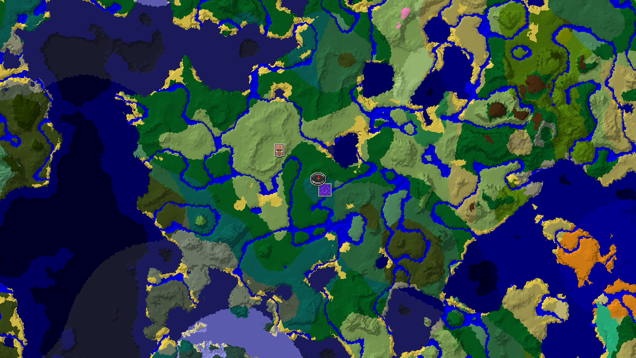 A top-down 2D biome map centered on spawn, showing a varied landscape of Taiga, Forest, Plains, and Birch Forest biomes, with markers for spawn and a nearby Ruined Portal.