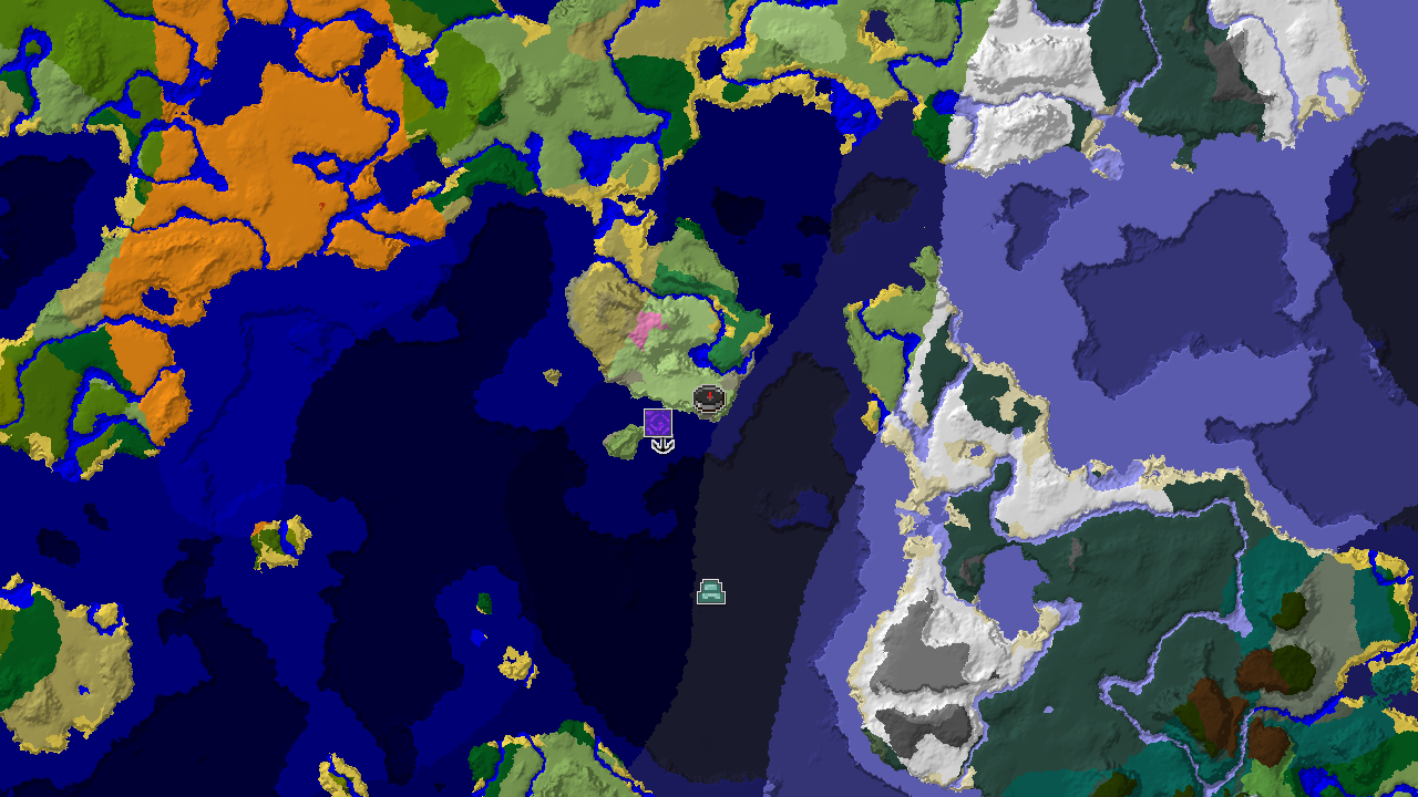 A 2D biome map centered on spawn, showing a nearby Flower Forest, a Ruined Portal at 16, -416, and a Shipwreck at 32, -352.