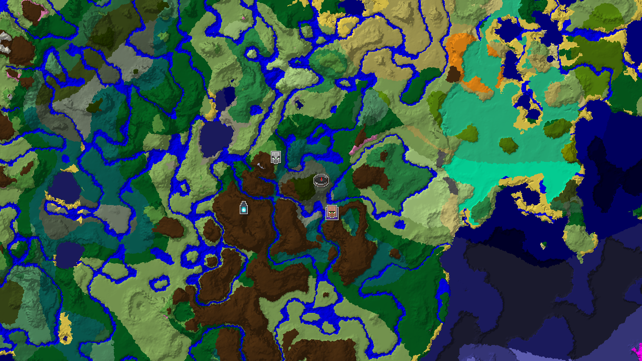 A 2D biome map centered on spawn, showing a mix of taiga, forest, plains, and river biomes, with markers for a nearby village, ruined portal, pillager outpost, and ancient city.