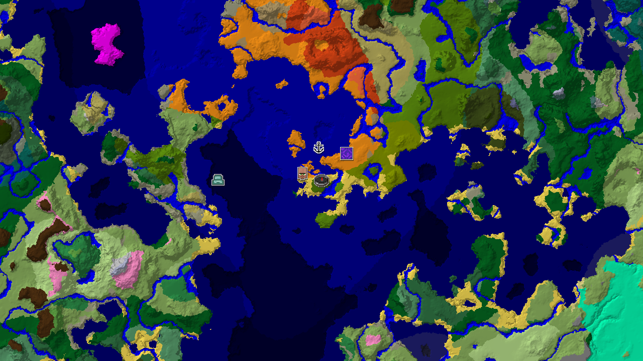 A 2D biome map centered on spawn, showing a jungle biome with a village nearby on the water's edge, and various ocean biomes.