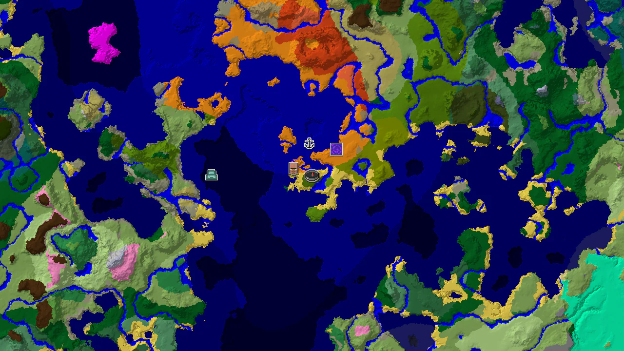 A 2D biome map centered on spawn, showing a jungle biome with a village nearby on the water's edge, and various ocean biomes.