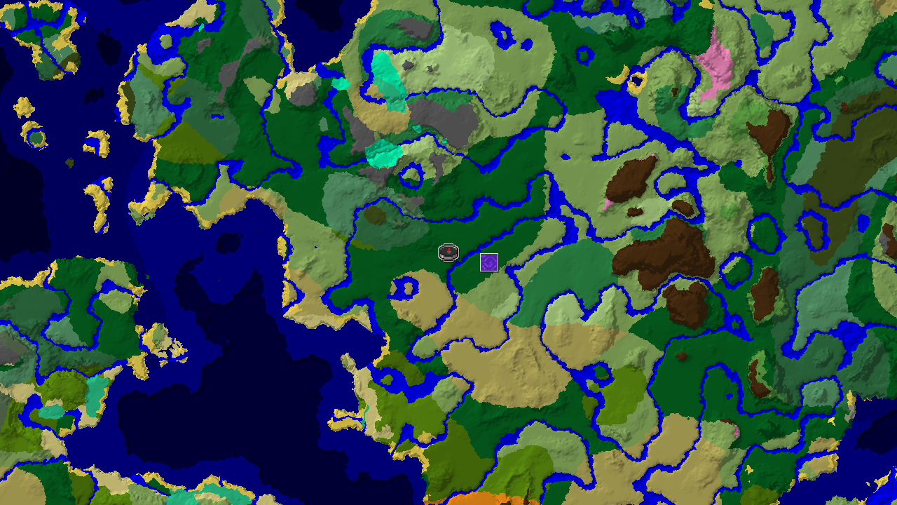 A 2D top-down biome map of a Minecraft world, centered on the spawn point, showing patches of forest, plains, savanna, and birch forest.