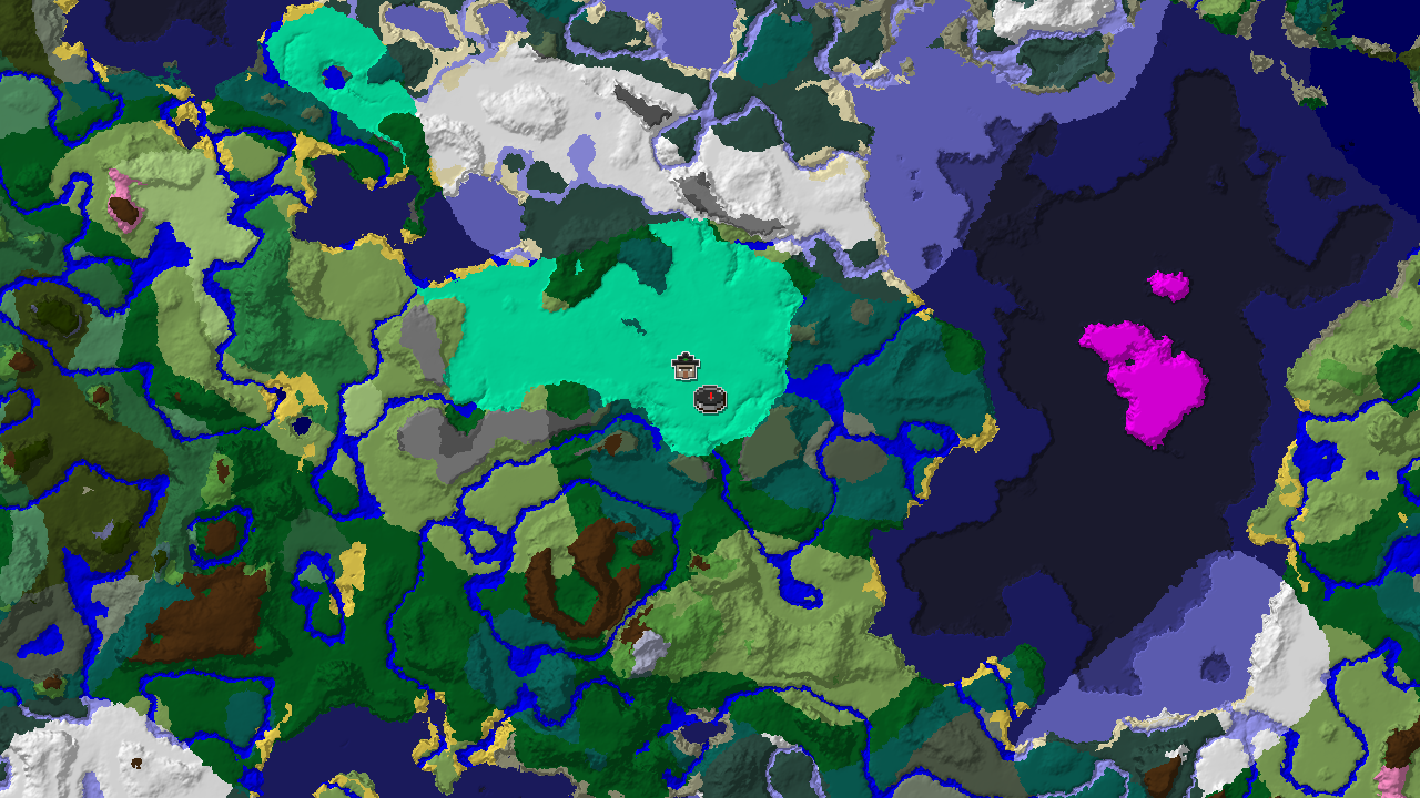 A 2D biome map centered on spawn, showing a large swamp with nearby forests and taigas, and further out, various snowy biomes and oceans. A witch hut marker is visible near spawn.