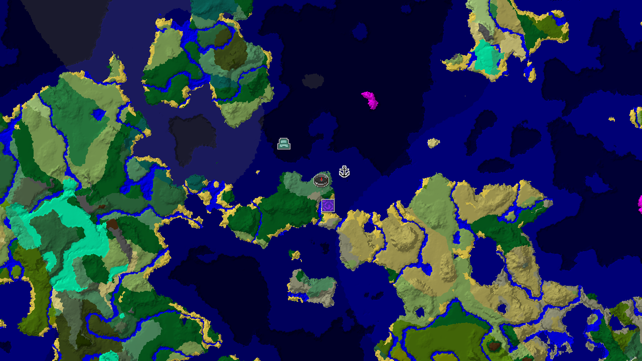 A 2D biome map centered on spawn, showing a large Ocean Monument to the west and a Shipwreck to the east, surrounded by various ocean and forest biomes.