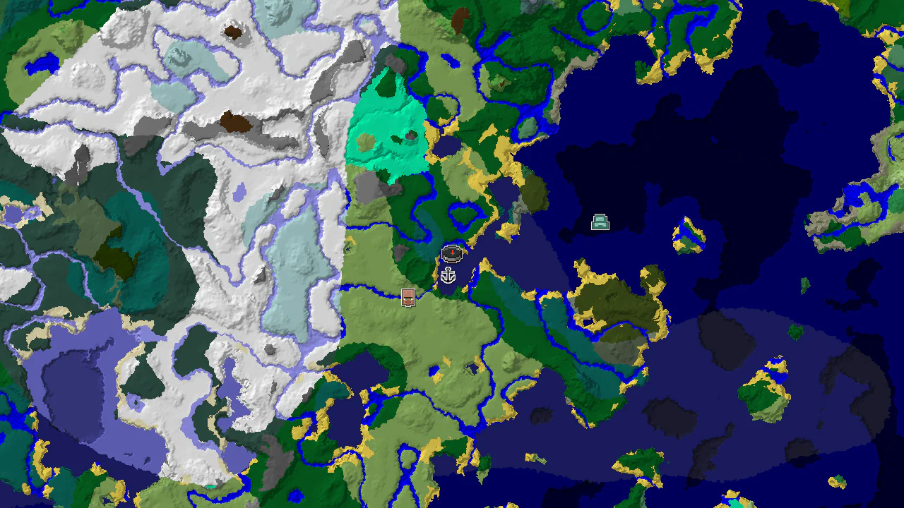 A 2D biome map centered on spawn, showing a small forest island surrounded by water, with markers for nearby villages and ice spikes.