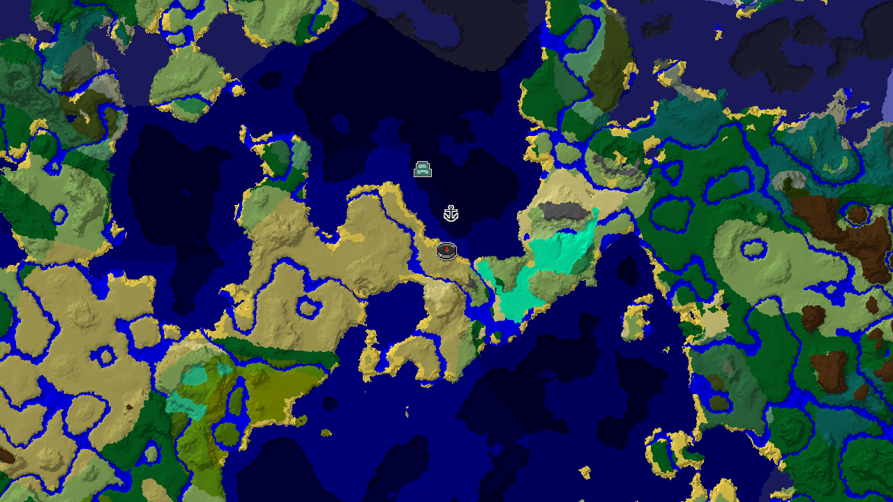 A 2D biome map centered on the spawn point, showing savanna, various ocean biomes, and marked locations for a shipwreck and an ocean monument.