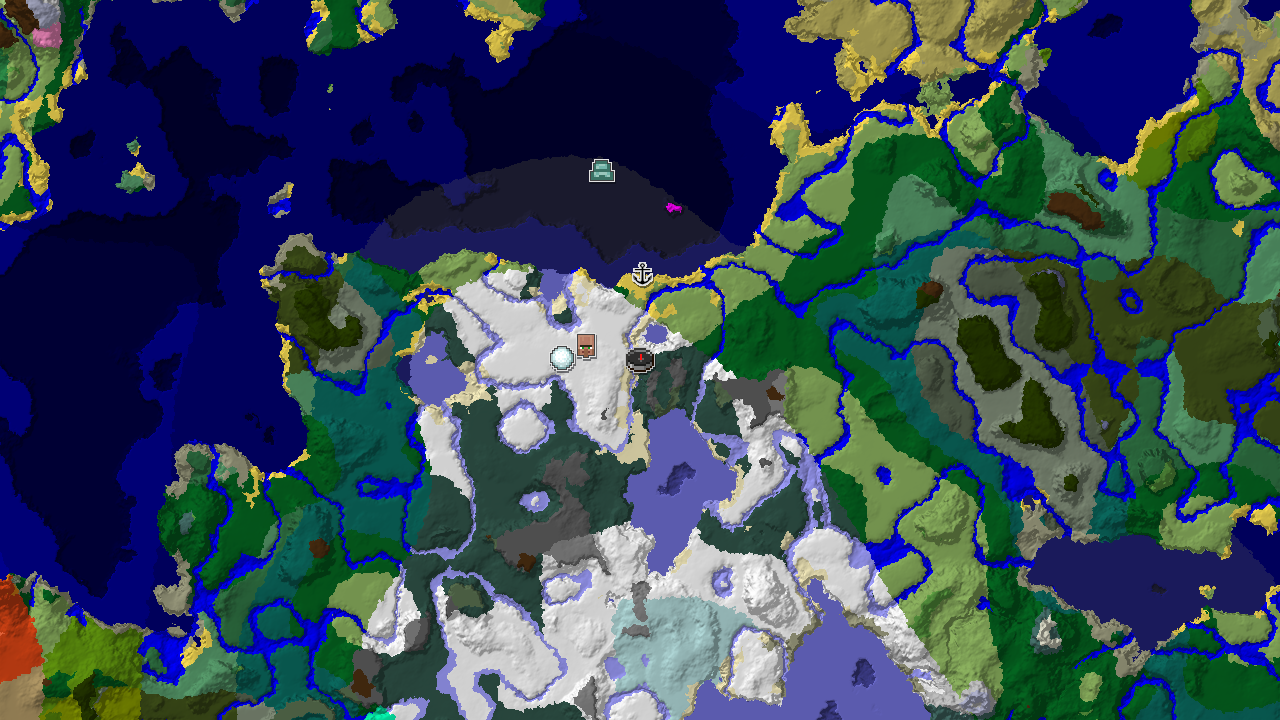 A 2D biome map centered on spawn, showing a large area of snowy biomes with markers for a village, shipwreck, and igloo.