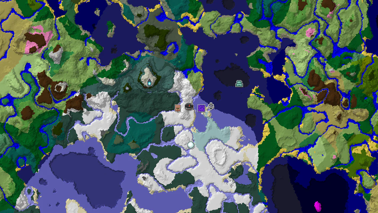 A 2D biome map centered on spawn, showing vast snowy plains, frozen oceans, and taiga, with markers for a village, ruined portal, shipwreck, and igloo.