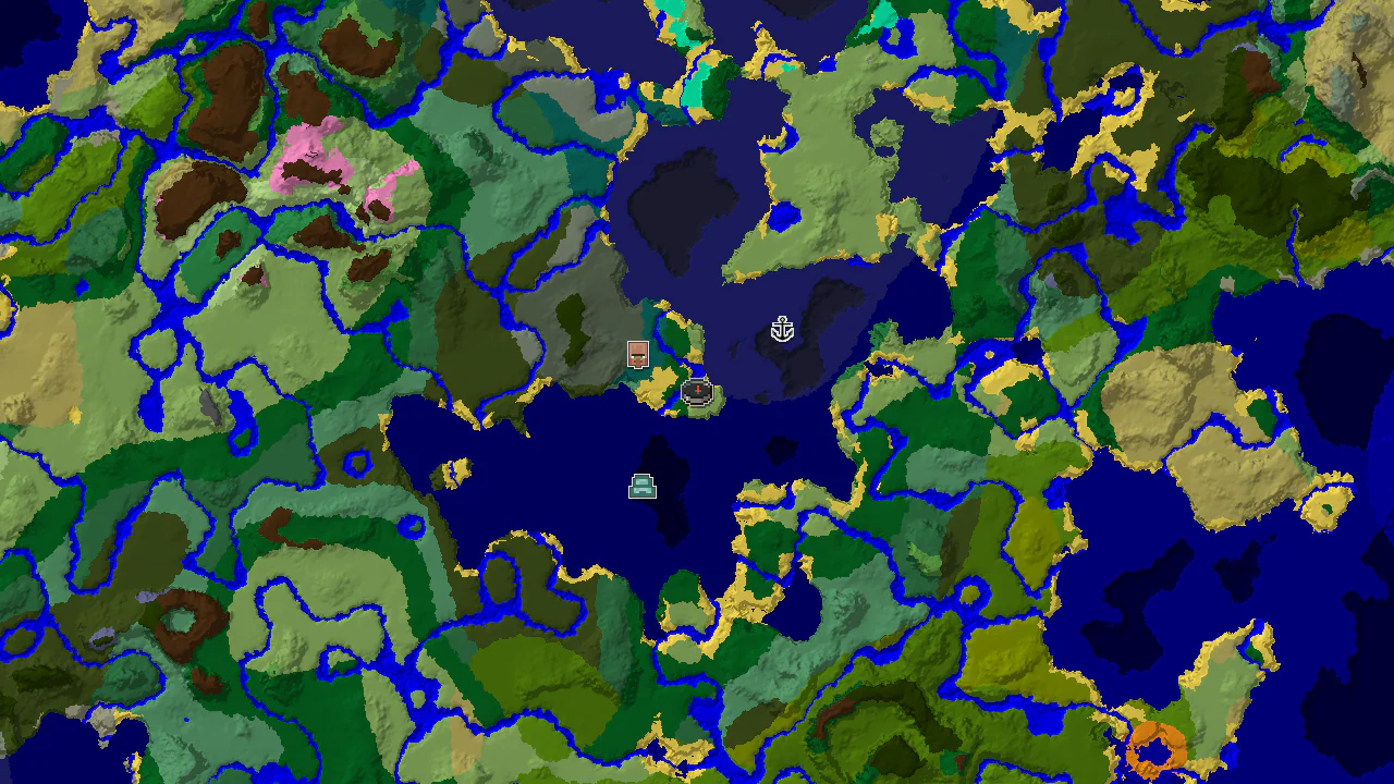 A top-down 2D biome map centered on spawn, showing a small Plains island surrounded by Ocean and Cold Ocean, with markers for a village, shipwreck, and ocean monument.
