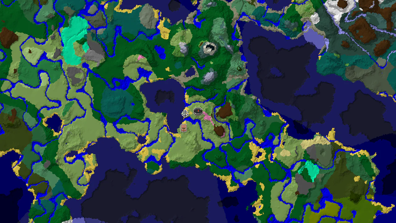 A 2D biome map centered on spawn, showing a nearby Cherry Grove, large plains, and extensive ocean biomes with a shipwreck.