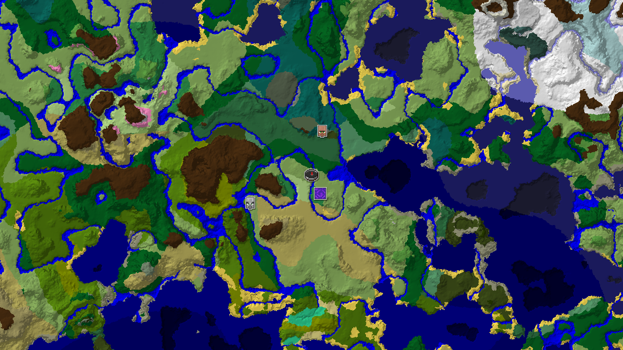 A 2D biome map centered on spawn, showing a diverse landscape with plains, forests, and a nearby flower forest, marked with structure locations.