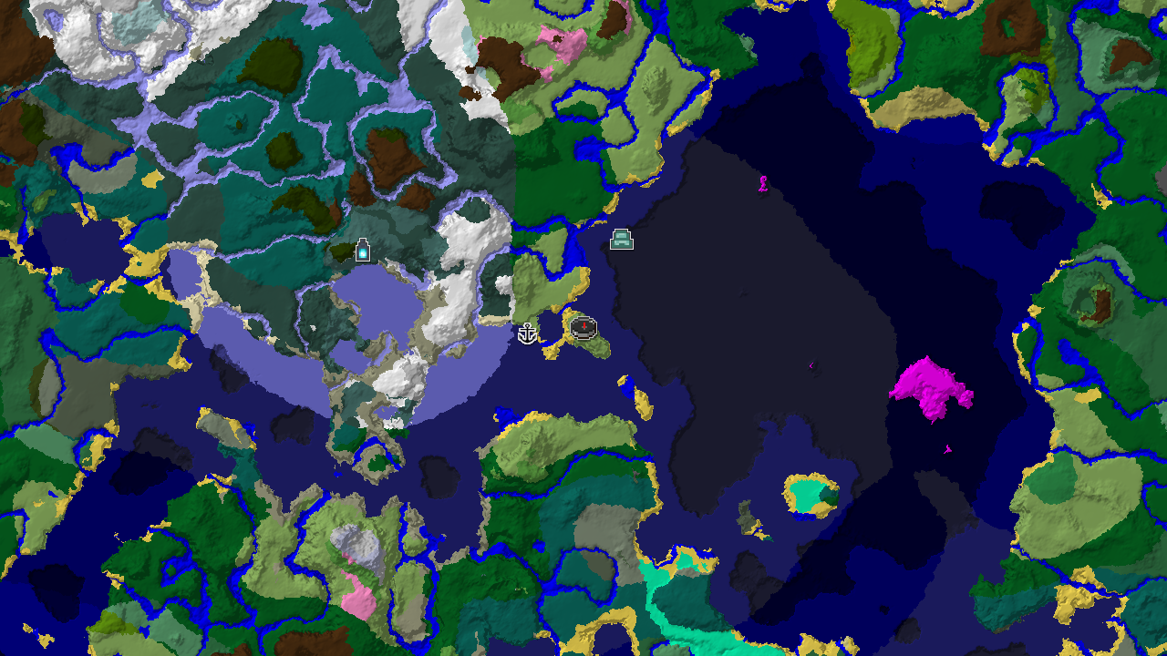 A top-down 2D biome map centered on the spawn point, with markers for a Shipwreck, Ocean Monument, and Ancient City.