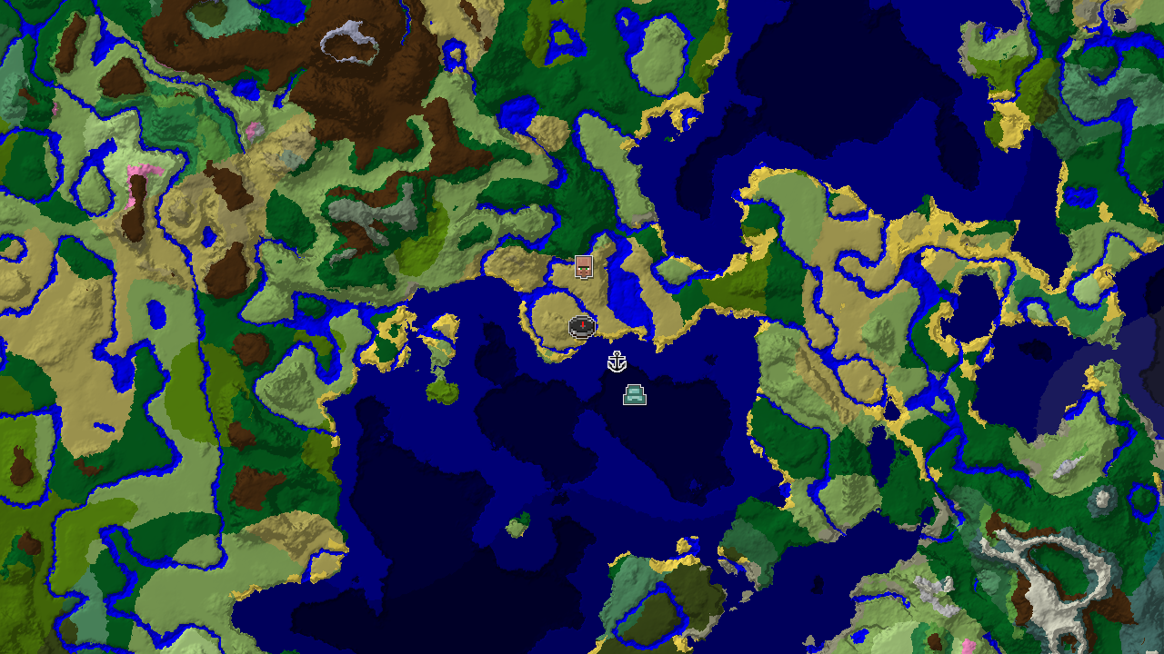 A 2D biome map centered on spawn, showing a Savanna spawn next to a River, with a village just to the west and an ocean monument to the southeast, both within a short journey.