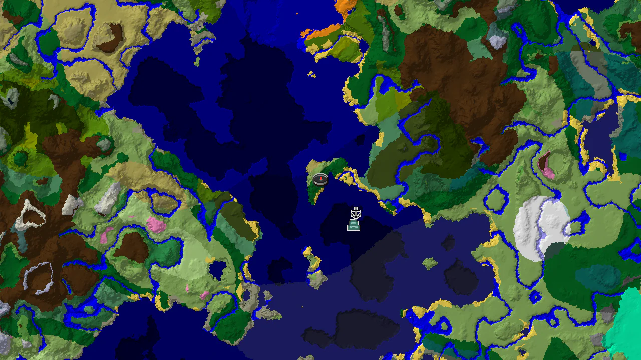 A 2D biome map centered on spawn, showing a large area of various ocean biomes, with markers for an Ocean Monument and a Shipwreck.