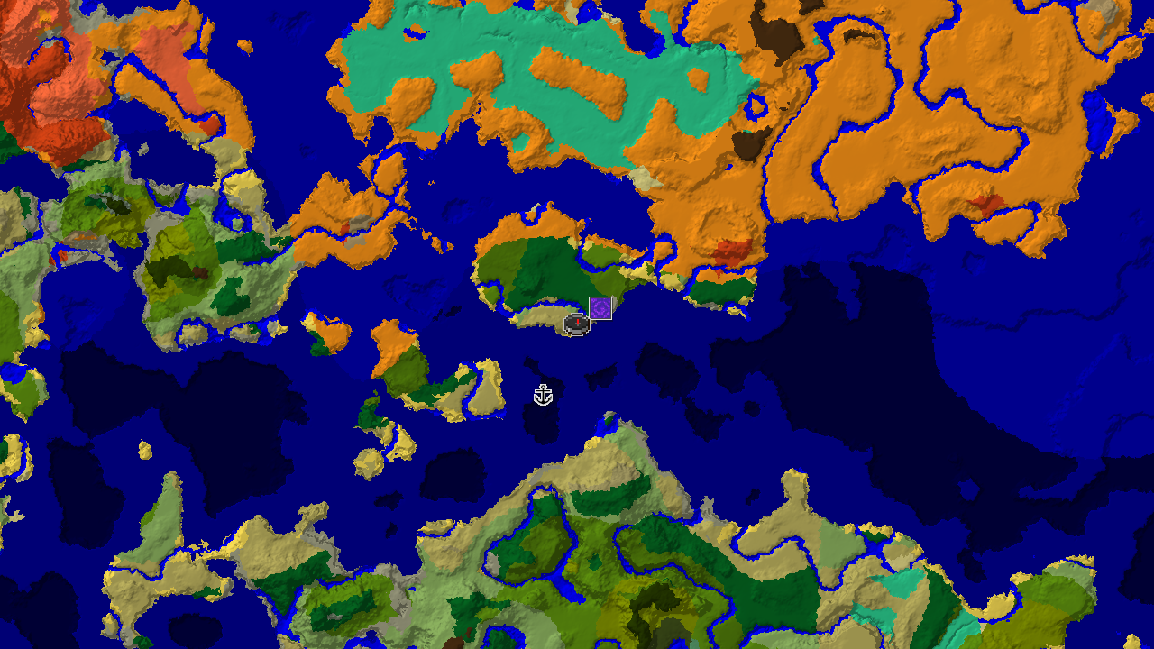 A 2D biome map centered on spawn, showing a savanna coastline adjacent to a large ocean, with nearby patches of jungle and desert.