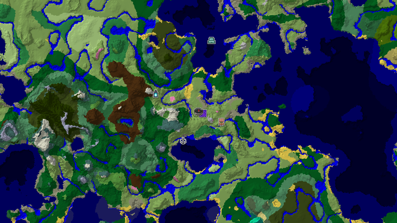 A top-down 2D biome map centered on spawn, showing nearby plains, forest, snowy slopes, and ocean, with markers for a village, ruined portal, and shipwreck.