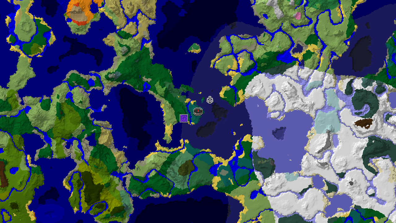 A 2D biome map centered on the spawn point in a taiga, showing nearby cold ocean, forest, and plains, with markers for a ruined portal and shipwreck.