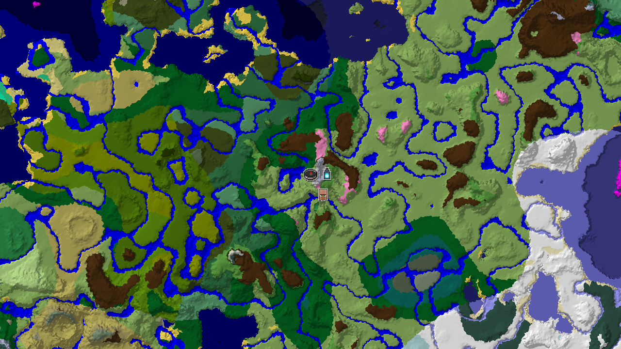 A 2D biome map centered on spawn, showing plains, forests, and rivers, with markers for an ancient city and a village.