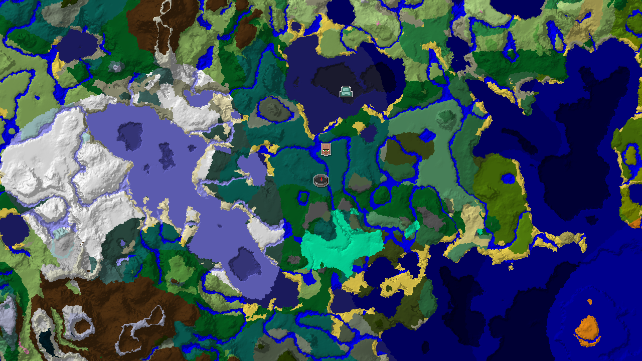 A top-down 2D biome map centered on spawn, showing a large Taiga surrounding spawn, with a village marker to the south and cold ocean to the east.