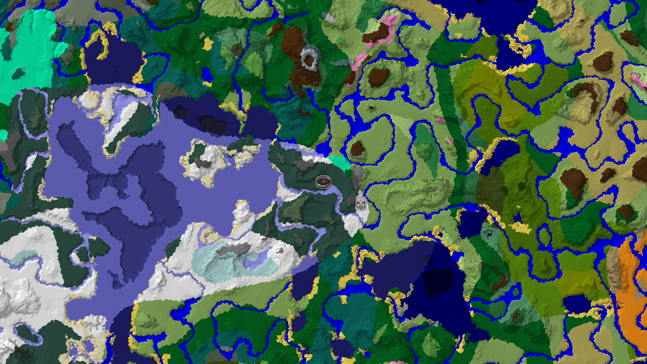A 2D biome map centered on spawn, showing a large snowy area, a Pillager Outpost to the northeast, and various other biomes.